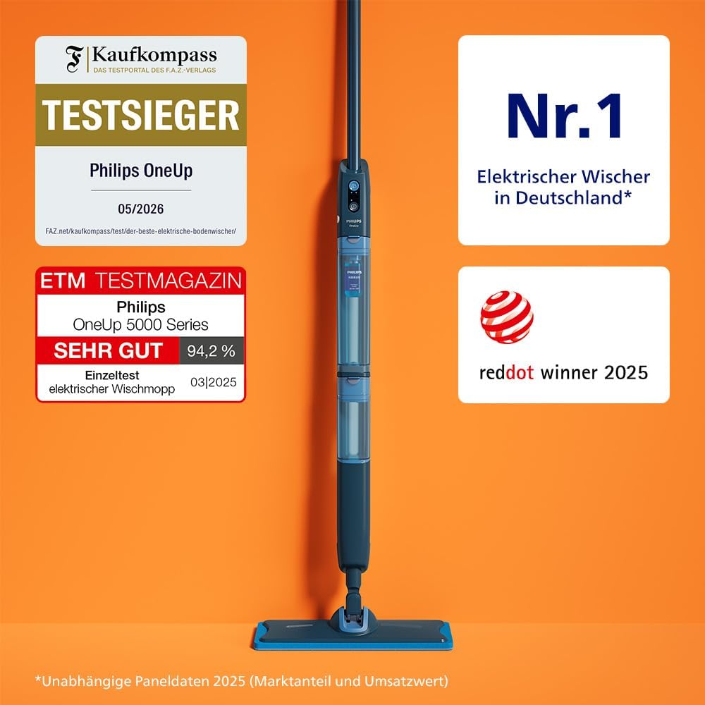 2026 Philips OneUp 5000 Serie Elektrischer Wischmopp - 2X sauberere Böden², 2X schnelleres Wischen, Zwei Feuchtigkeitseinstellungen für Harte & empfindliche Böden, Kabellos mit 360° Drehgelenk (XV5113/01)