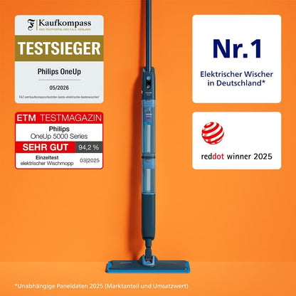 2026 Philips OneUp 5000 Serie Elektrischer Wischmopp - 2X sauberere Böden², 2X schnelleres Wischen, Zwei Feuchtigkeitseinstellungen für Harte & empfindliche Böden, Kabellos mit 360° Drehgelenk (XV5113/01)