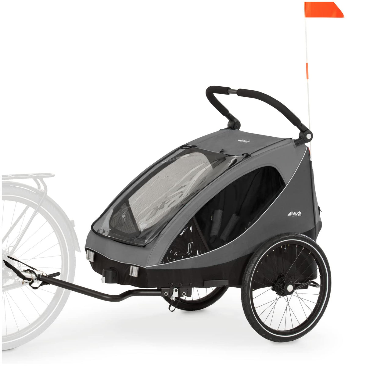 2026 hauck Fahrradanhänger & Kinderwagen Dryk Duo Plus mit Federung, für 2 Kinder (6-48 Monate), inkl. Deichsel, Buggyrad, Fahne und LED Licht, Faltbar, Höhenverstellbar, XL Kofferaum (Dark Green)