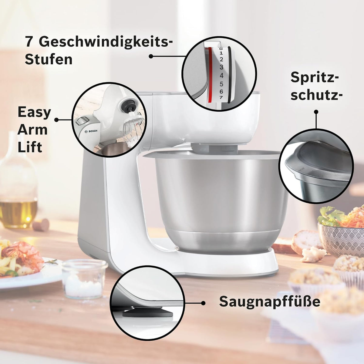 2026 Bosch Küchenmaschine Serie 4, Edelstahl-Schüssel 3,9 L, Knethaken, Schlag- und Rührbesen Edelstahl spülmaschinenfest, Mixer 1,25 L, Durchlaufschnitzler, 3 Scheiben, 1000 W, Weiß, MUM58W20