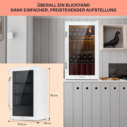 2026 Klarstein Mini Kühlschrank mit Glastür für Zimmer, Getrnkekühlschrank mit Verstellbaren Ablagen, Kleiner 80 Liter, Indoor/Outdoor Kühlschrank Leise