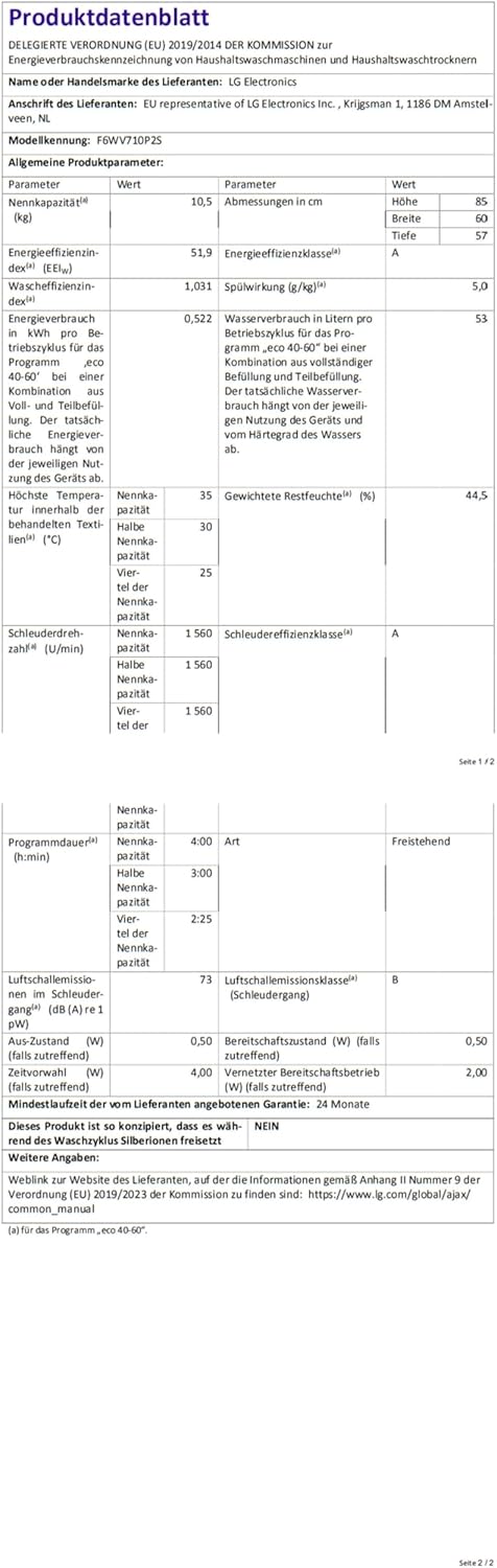 2026 LG F4WV7080, Klasse A, Frontlader-Waschmaschine 8 kg, 1400 U/Min, AI Direct Drive, Wi-Fi, Tiefenreinigung mit Dampf, Groe Kapazitt, TRIPLE A, Auentür aus Sicherheitsglas, 62 x 60 x 85 cm Wei