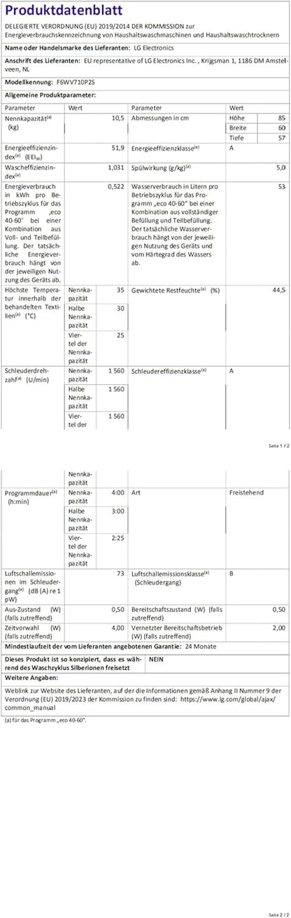 2026 LG F4WV7080, Klasse A, Frontlader-Waschmaschine 8 kg, 1400 U/Min, AI Direct Drive, Wi-Fi, Tiefenreinigung mit Dampf, Groe Kapazitt, TRIPLE A, Auentür aus Sicherheitsglas, 62 x 60 x 85 cm Wei