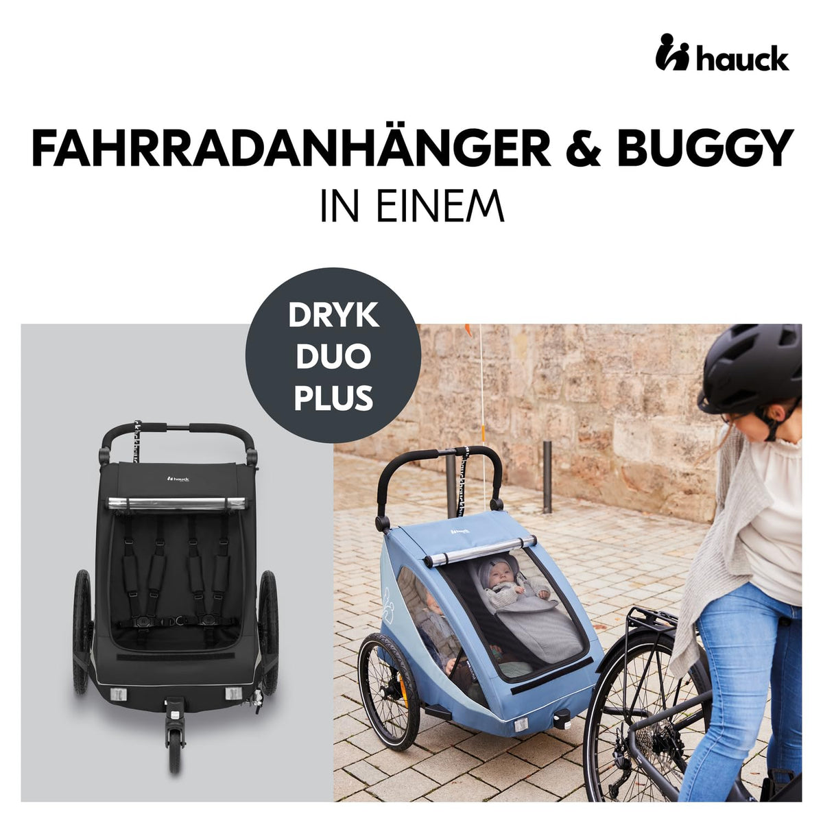 2026 hauck Fahrradanhänger & Kinderwagen Dryk Duo Plus mit Federung, für 2 Kinder (6-48 Monate), inkl. Deichsel, Buggyrad, Fahne und LED Licht, Faltbar, Höhenverstellbar, XL Kofferaum (Dark Green)