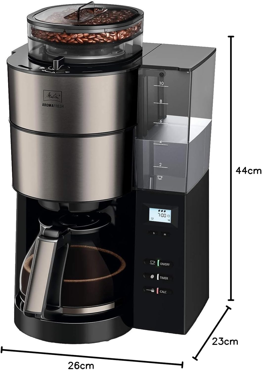 2026 Melitta AromaFresh - Filterkaffeemaschine - mit Glaskanne - integriertes Mahlwerk - Timer Funktion - 10 Tassen - Pure Black