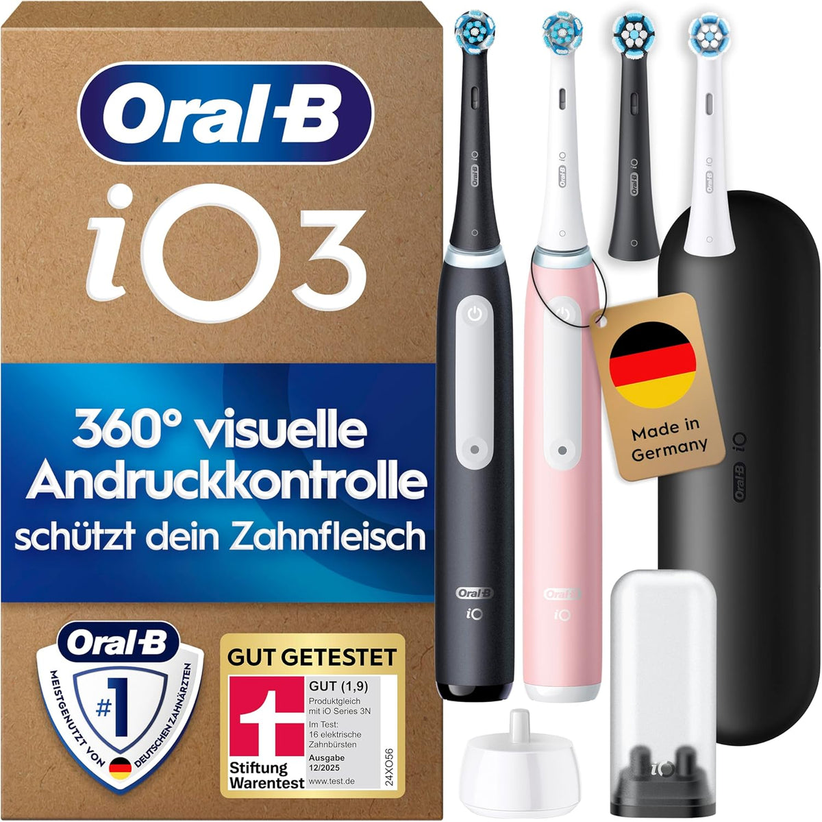 2026 Oral-B iO Series 3 Elektrische Zahnbürste, Doppelpack, Schwarz/Rosa | Inkl. 4 Aufsteckbürsten, GUT GETESTET von STIFTUNG WARENTEST, Electric Toothbrush mit 3 Putzmodi für Zahnpflege