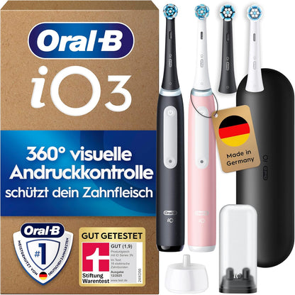 2026 Oral-B iO Series 3 Elektrische Zahnbürste, Doppelpack, Schwarz/Rosa | Inkl. 4 Aufsteckbürsten, GUT GETESTET von STIFTUNG WARENTEST, Electric Toothbrush mit 3 Putzmodi für Zahnpflege