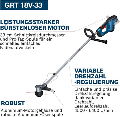 2026 Bosch Professional 18V System Akku-Rasentrimmer GRT 18V-33 (bürstenloser Motor, Schnittkreisdurchmesser von 33 cm, inkl. 1x Schultergurt, 1x Fadenspuleneinheit)