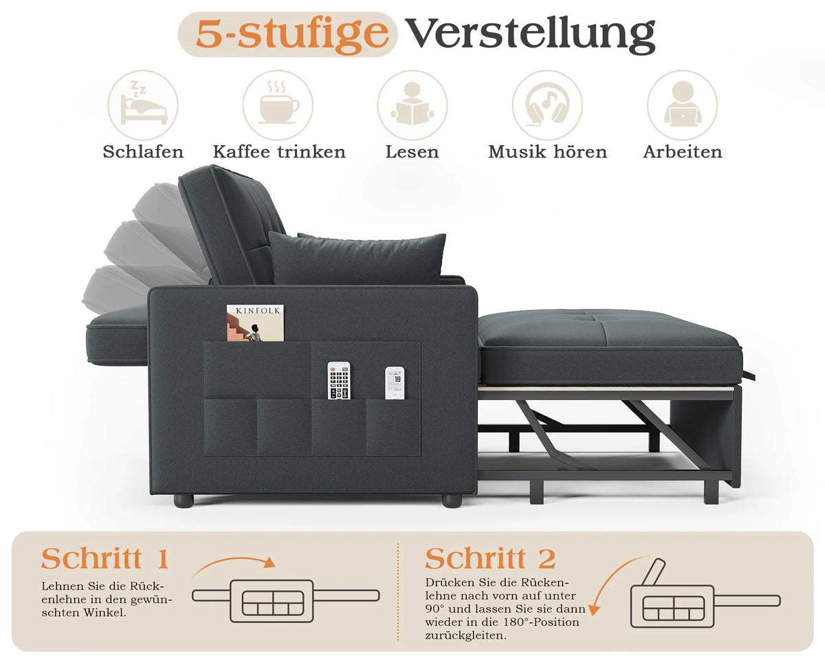 2026 3 in 1 Schlafsofa 186 x 122 cm, Grau, verstellbare Rückenlehne, 12 cm Komfortpolster, Massivholz Metallrahmen