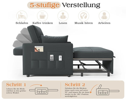 2026 3 in 1 Schlafsofa 186 x 122 cm, Grau, verstellbare Rückenlehne, 12 cm Komfortpolster, Massivholz Metallrahmen