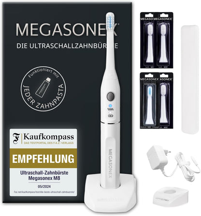 2026 MEGASONEX Ultraschall-Zahnbürste M8 Set - Mit 2 Vibrations-Stufen - zusätzlich inkl. 2x Bürstenköpfe Soft Weiß