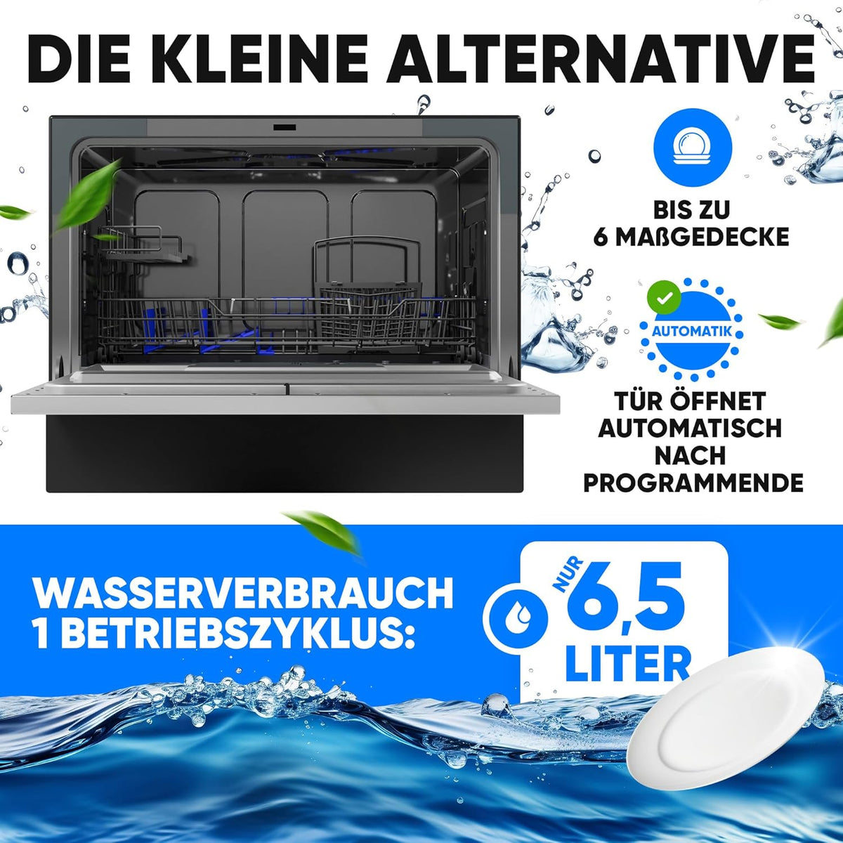 2026 Bomann Mini Geschirrspüler mit Wasseranschluss | inkl. Schlauch | Tisch Geschirrspüler leise | Mini Spülmaschine für kleine Küchen/Camping | Spülmaschine klein m. Überlaufsicherung | TSG 7405 schwarz