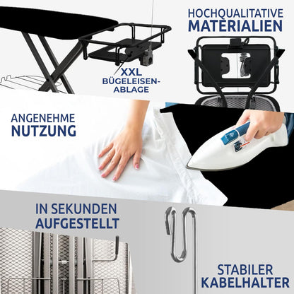 2026 STAHLMANN® Bügelbrett für Dampfbügelstation [130 × 48 cm] mit Ärmelbrett | schwarz | Made in Europe | inklusive Ärmelbrett | 100 % Baumwolle Turbobezug | extra stabil | höhenverstellbar