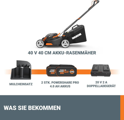 2026 WORX WG743E Akku-Rasenmäher 40V – Profi Rasenmäher mit Mulchfunktion & PowerShare Akku – Rasenmähen ohne Kabel – Ideal für Gärten bis zu 500m²
