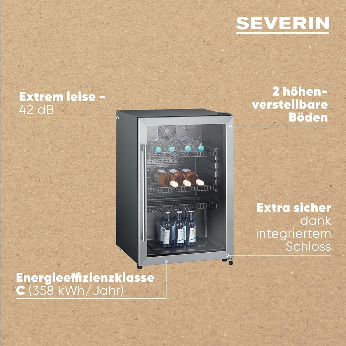 2026 SEVERIN Flaschenkühlschrank, mit integriertem Schloss und integrierter LED-Beleuchtung, 118 L Nutzinhalt, schwarz/silber, FSK 8840