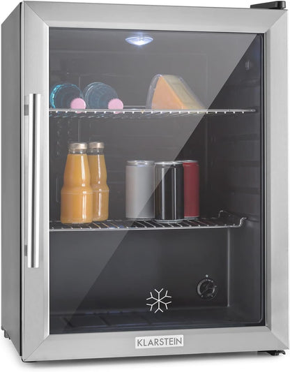 2026 Klarstein Mini Kühlschrank mit Glastür für Zimmer, Getrnkekühlschrank mit Verstellbaren Ablagen, Kleiner 80 Liter, Indoor/Outdoor Kühlschrank Leise