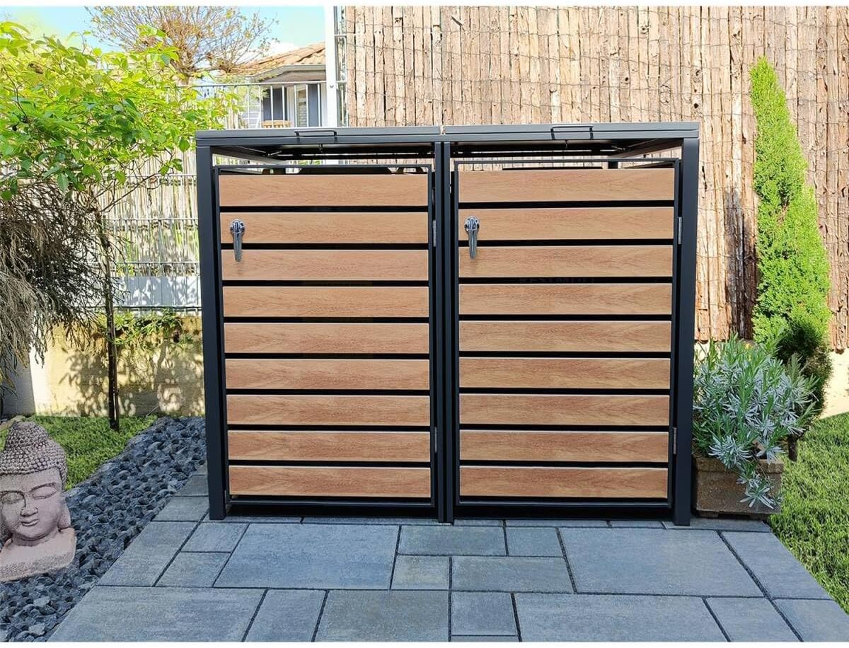 2026 Metzler Mülltonnenbox in Anthrazit & Holzoptik 2er 240L, Mülltonnenverkleidung 2 Tonnen, witterungsbeständiger und pulverbeschichteter Stahl mit Automatikdeckel, abschließbar, Garten- und Müllbox