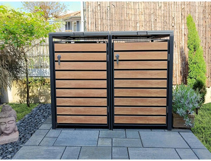 2026 Metzler Mülltonnenbox in Anthrazit & Holzoptik 2er 240L, Mülltonnenverkleidung 2 Tonnen, witterungsbeständiger und pulverbeschichteter Stahl mit Automatikdeckel, abschließbar, Garten- und Müllbox