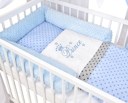 2026 Baby Delux Babybett Komplett Set Hausbett 60x120 cm weiß Schublade Rausfallschutz Kinderbett Matratze Bettwäsche Deko Set (Prince Stars)