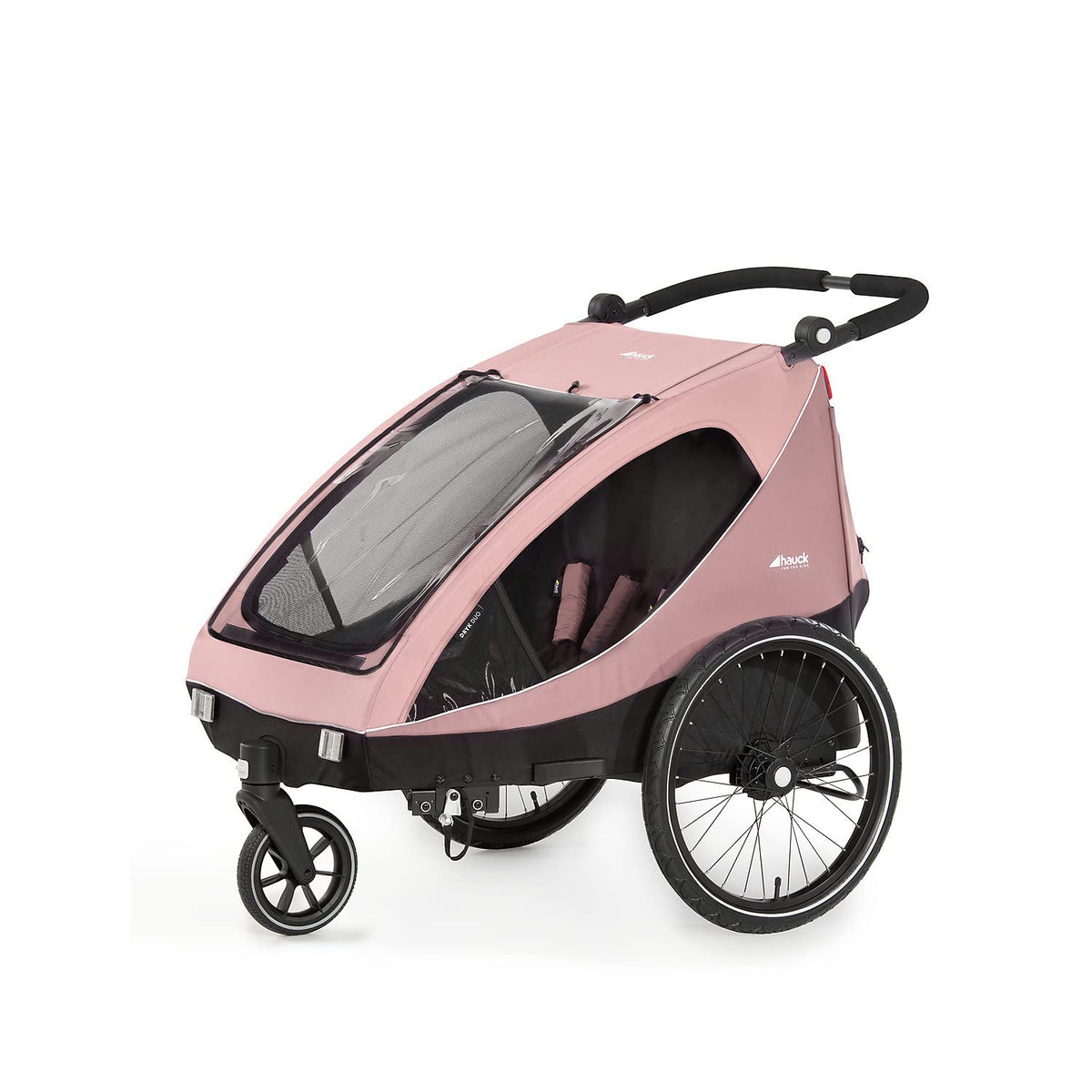 2026 hauck Fahrradanhänger & Kinderwagen Dryk Duo Plus mit Federung, für 2 Kinder (6-48 Monate), inkl. Deichsel, Buggyrad, Fahne und LED Licht, Faltbar, Höhenverstellbar, XL Kofferaum (Dark Green)