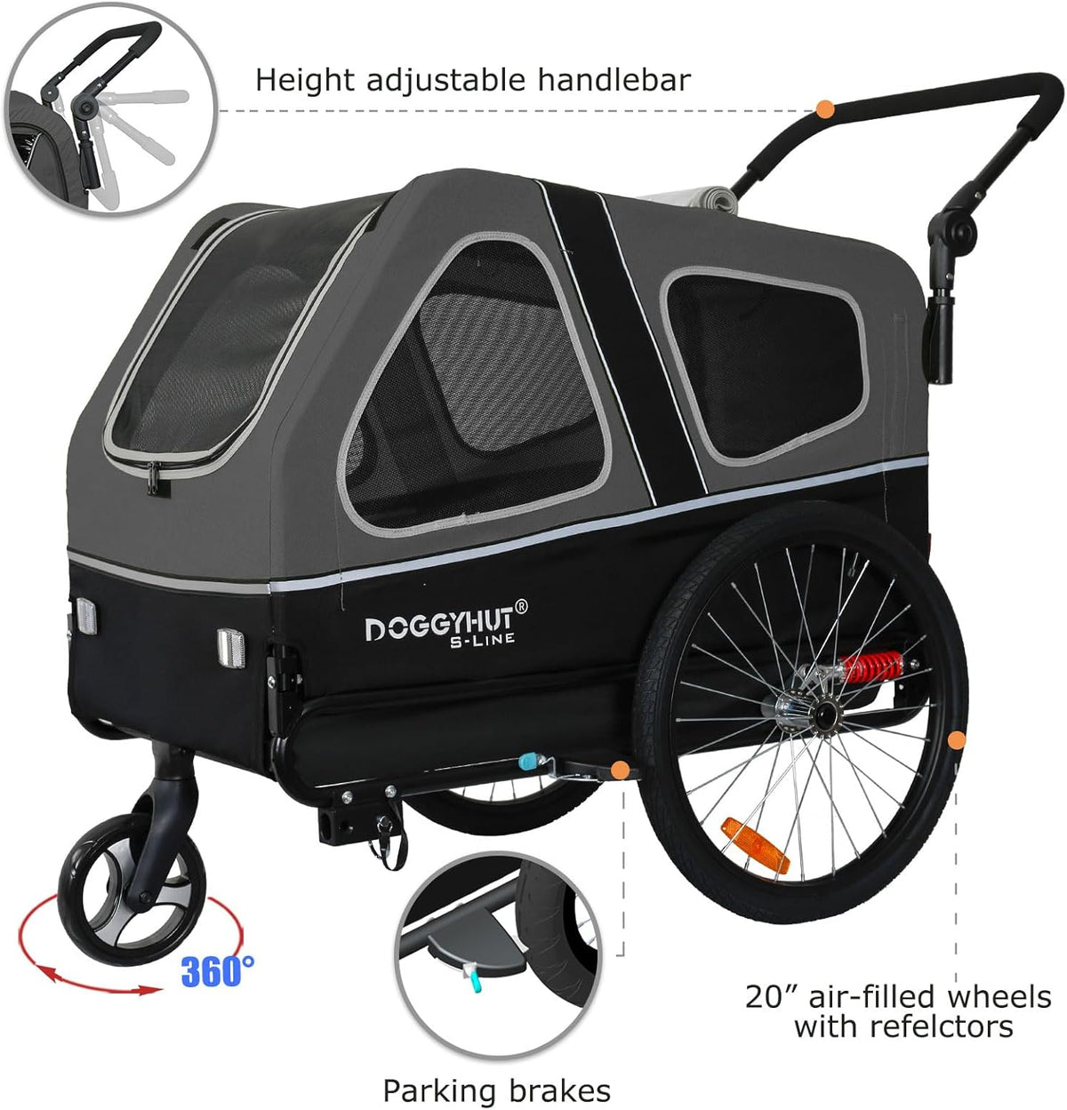 2026 Doggyhut S-Line XL Hundeanhänger & Hundebuggy mit Federung 2 in 1 Hunde Fahrradanhänger Jogger gefedert bis 45 kg