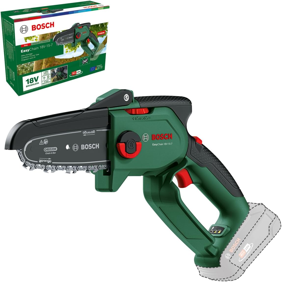 2026 Bosch kompakte Mini Kettensäge EasyChain 18V-15-7 (Zum Schneiden von Holz; 18 Volt System; Kettengeschwindigkeit: 6,95 m/s; ohne Akku)