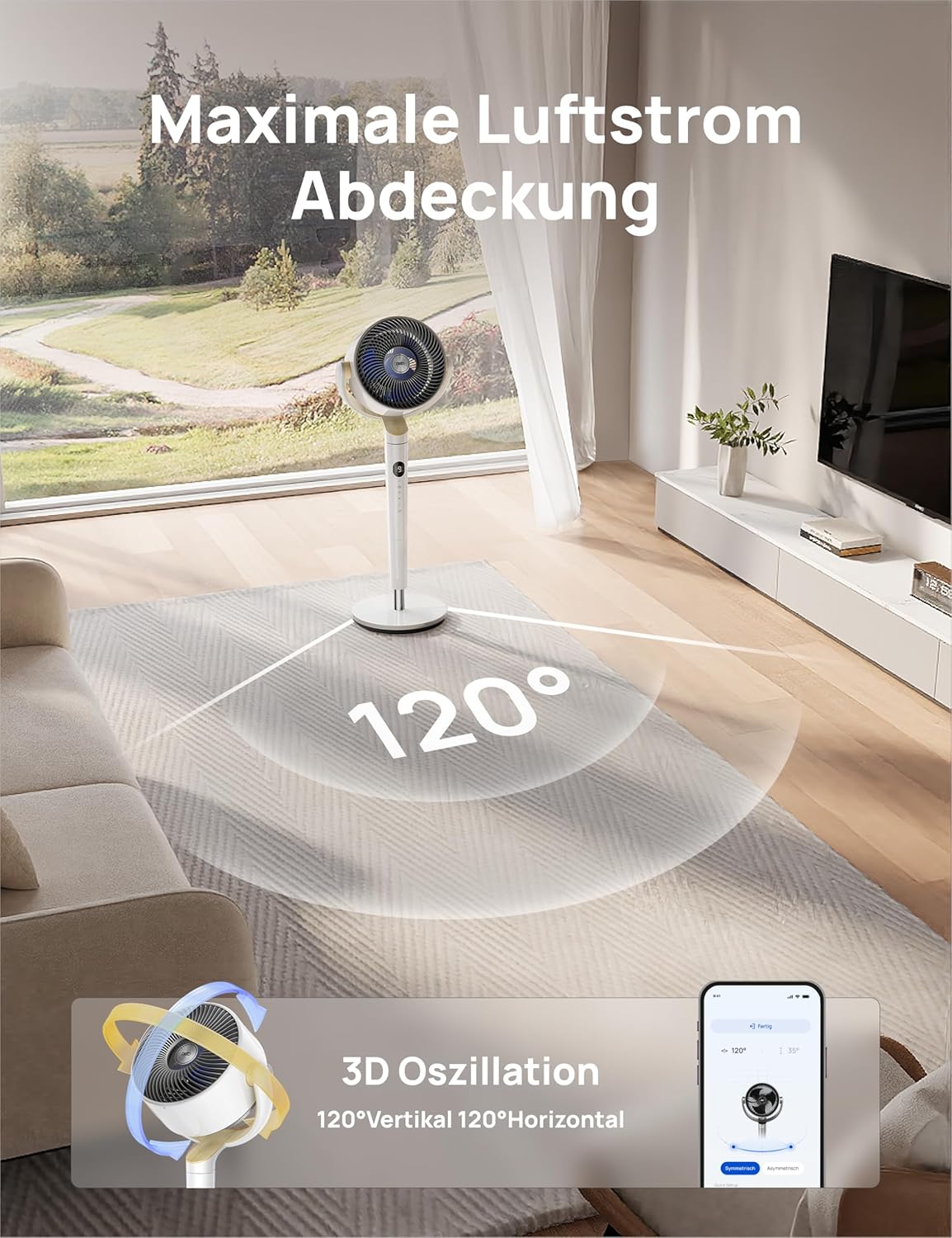2026 Dreo Smart Standventilator mit RGB Light, 120° +120° Oszillierender Ventilator mit Fernbedienung, 20dB Leiser Bodenventilator für Schlafzimmer, 8H Timer, Silber