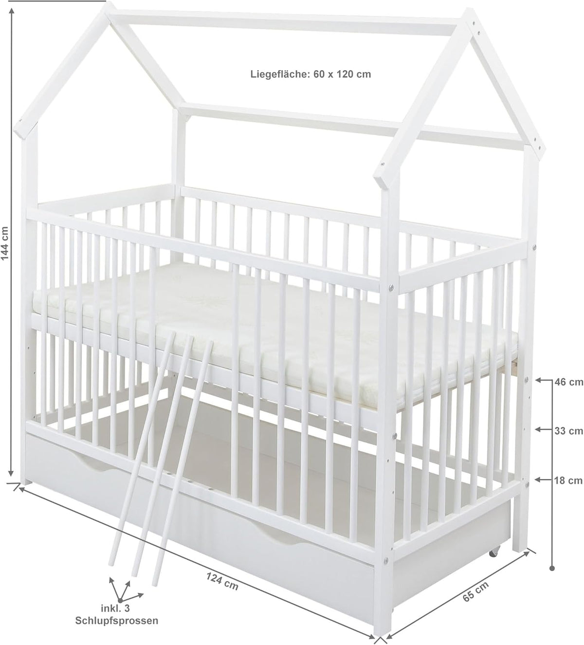2026 Baby Delux Babybett Komplett Set Hausbett 60x120 cm weiß Schublade Rausfallschutz Kinderbett Matratze Bettwäsche Deko Set (Prince Stars)