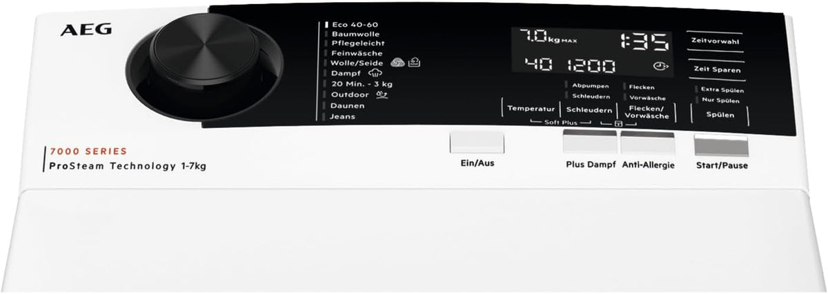 2026 AEG LTR7A71370 Waschmaschine Toplader / Serie 7000 mit ProSteam / ProSteam - Auffrischfunktion / 7,0 kg / Leise / Mengenautomatik / Nachlegefunktion / Wasserstopp / 1300 U/min