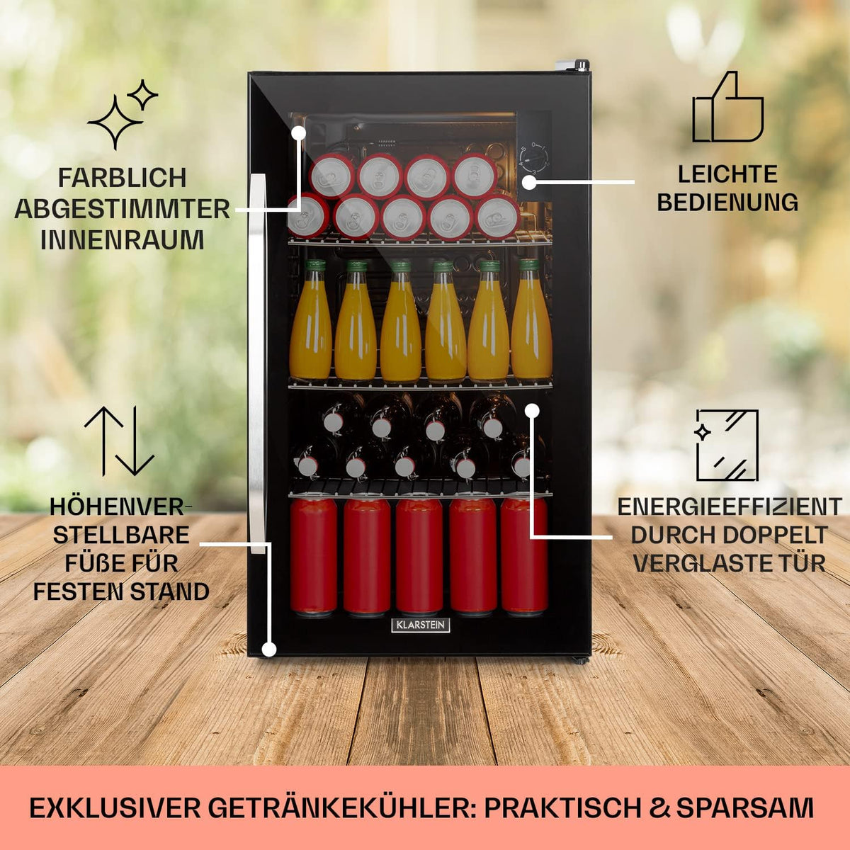 2026 Klarstein Mini Kühlschrank mit Glastür für Zimmer, Getrnkekühlschrank mit Verstellbaren Ablagen, Kleiner 80 Liter, Indoor/Outdoor Kühlschrank Leise
