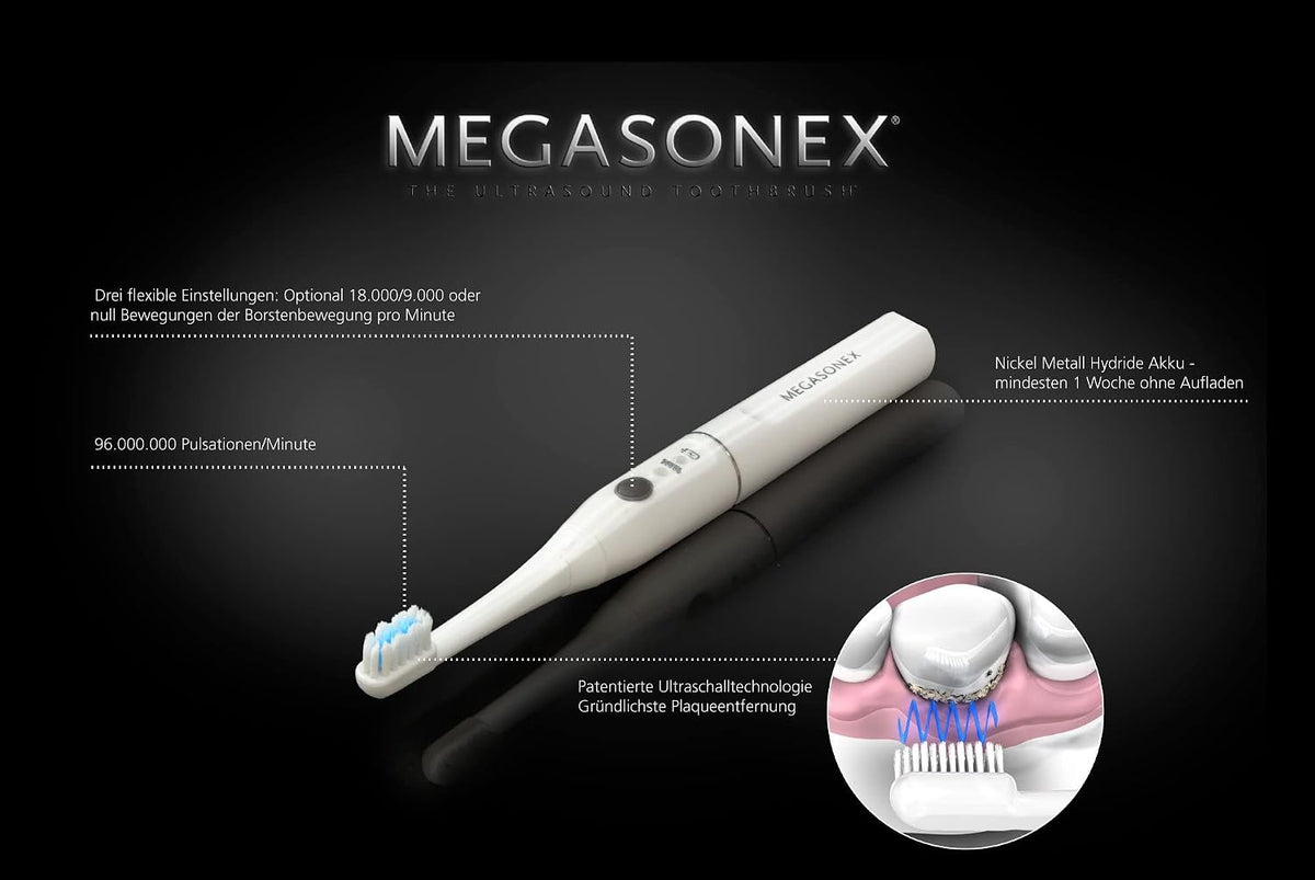 2026 MEGASONEX Ultraschall-Zahnbürste M8 Set - Mit 2 Vibrations-Stufen - zusätzlich inkl. 2x Bürstenköpfe Soft Weiß