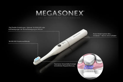 2026 MEGASONEX Ultraschall-Zahnbürste M8 Set - Mit 2 Vibrations-Stufen - zusätzlich inkl. 2x Bürstenköpfe Soft Weiß