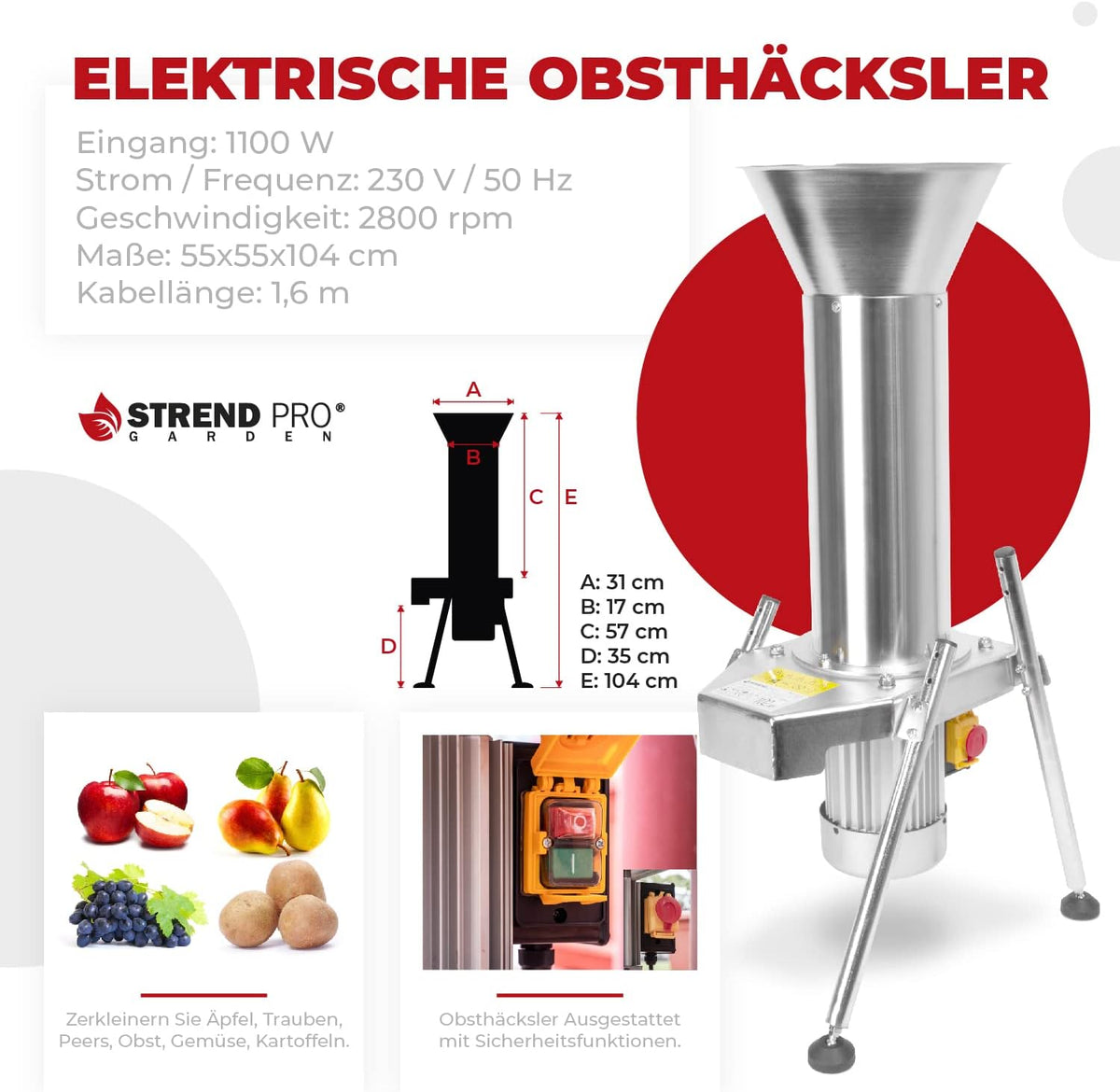 2026 STREND PRO Obsthäcksler Edelstahl mit 1100W/2800rpm motor - Obsthäcksler Elektrisch fur Kartoffeln/Obst und Beerenmühle - Rübenmühle/Obstmühle Elektrisch für müheloses Hacken - Obstmühle Edelstahl