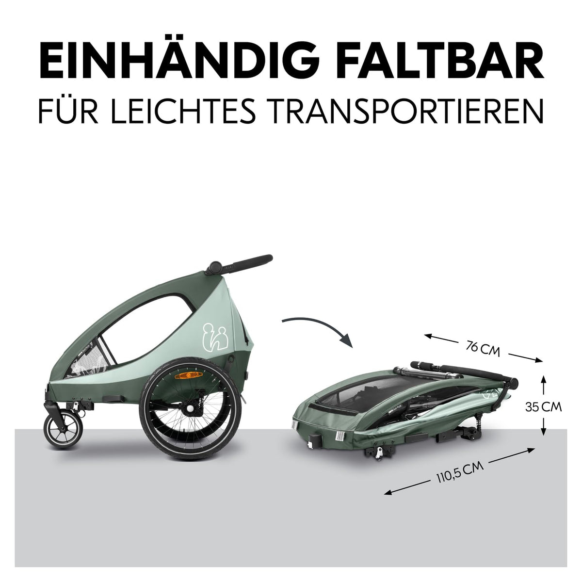 2026 hauck Fahrradanhänger & Kinderwagen Dryk Duo Plus mit Federung, für 2 Kinder (6-48 Monate), inkl. Deichsel, Buggyrad, Fahne und LED Licht, Faltbar, Höhenverstellbar, XL Kofferaum (Dark Green)