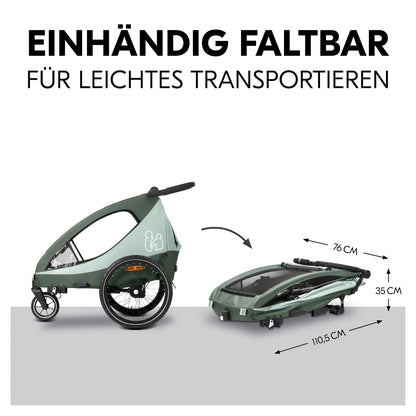 2026 hauck Fahrradanhänger & Kinderwagen Dryk Duo Plus mit Federung, für 2 Kinder (6-48 Monate), inkl. Deichsel, Buggyrad, Fahne und LED Licht, Faltbar, Höhenverstellbar, XL Kofferaum (Dark Green)
