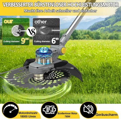 2026 Akku Rasentrimmer mit Akku und Unkrautbürste 4 in 1 Freischneider mit Unkrautbürste 21V Bürstenloser Freischneider, Elektro Motorsense mit 2 Akku 4.0Ah und Ladegerät Teleskop, Verstellbarer, Orange