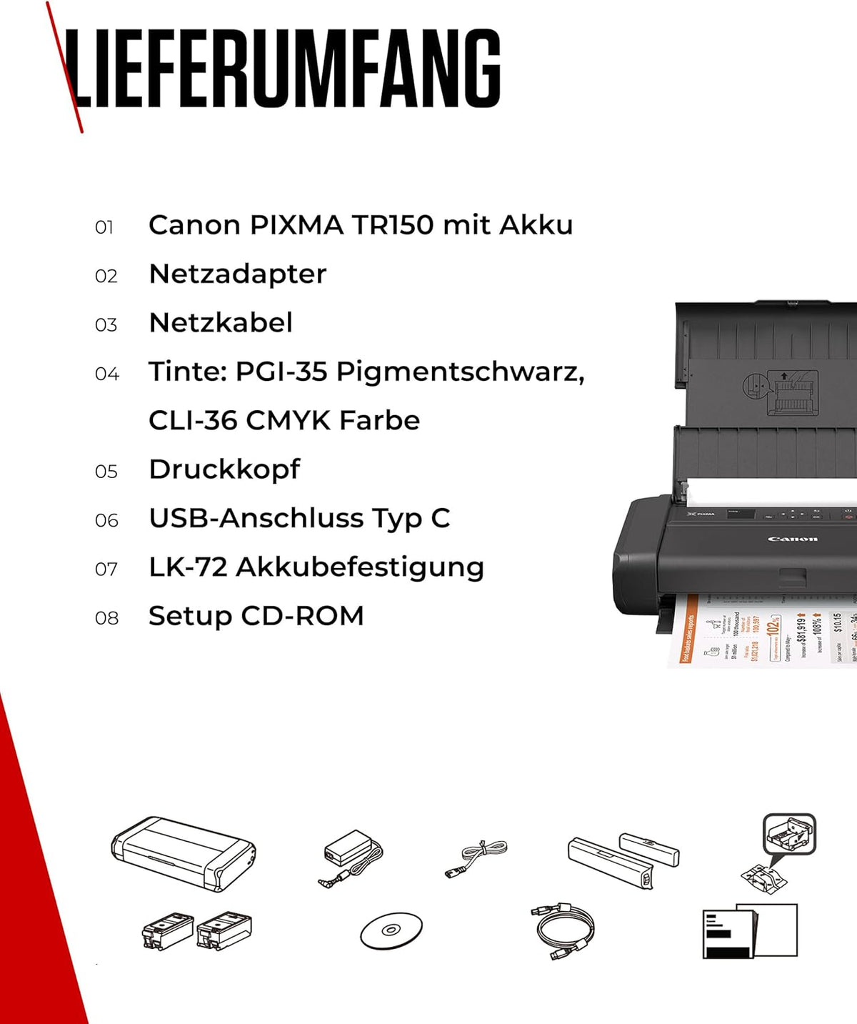 2026 Canon PIXMA TR150 mobiler Drucker mit Akku (WLAN, Cloud, AirPrint, 4.800 DPI x 1.200 DPI, Highspeed USB Typ C, OLED-Display, Tintenstrahldrucker), schwarz