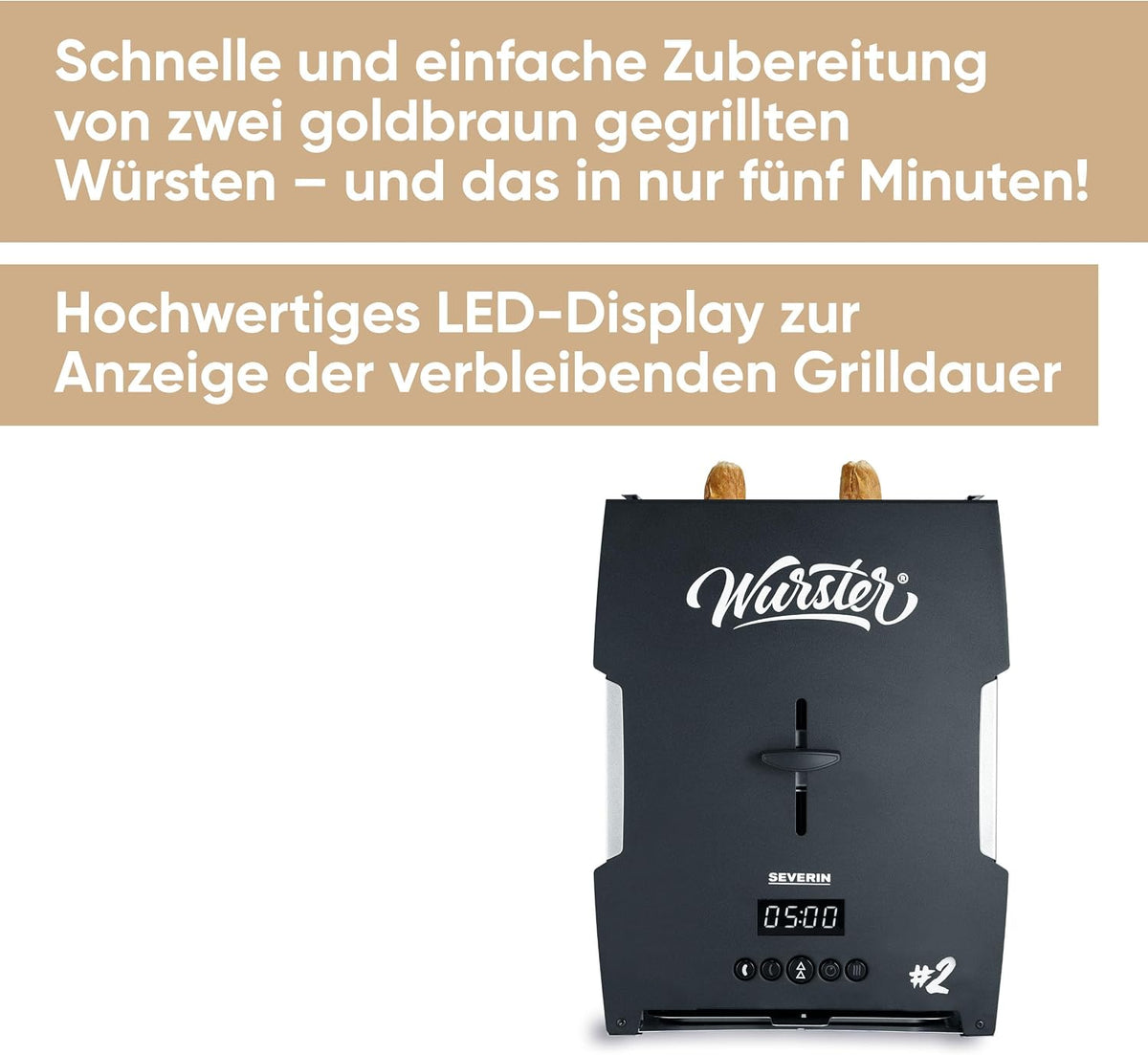 2026 SEVERIN WURSTER, perfekt gebräunte Würstchen auf Knopfdruck in nur 5 Minuten, ohne Zugabe von Fremdfett, inkl. Holzzange, Schwarz, Edelstahl/Kunststoff, WT 5005