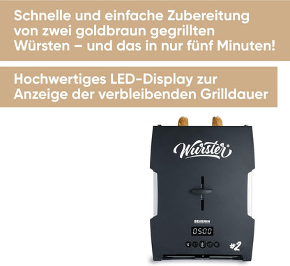 2026 SEVERIN WURSTER, perfekt gebräunte Würstchen auf Knopfdruck in nur 5 Minuten, ohne Zugabe von Fremdfett, inkl. Holzzange, Schwarz, Edelstahl/Kunststoff, WT 5005