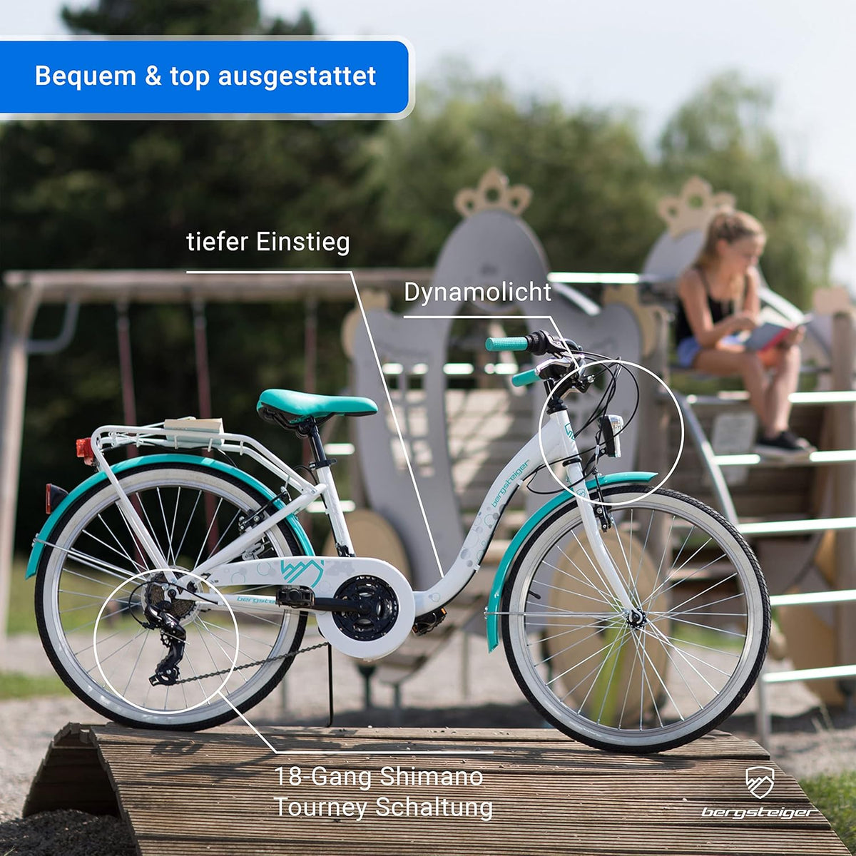 2026 Bergsteiger Atlantis 20, 24 Zoll Kinderfahrrad, geeignet für 6,7, 8, 9, 10, 11 Jahre, StVZO, Shimano Schaltung, Mädchen-Fahrrad mit Dynamo-Licht