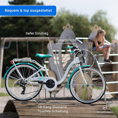 2026 Bergsteiger Atlantis 20, 24 Zoll Kinderfahrrad, geeignet für 6,7, 8, 9, 10, 11 Jahre, StVZO, Shimano Schaltung, Mädchen-Fahrrad mit Dynamo-Licht