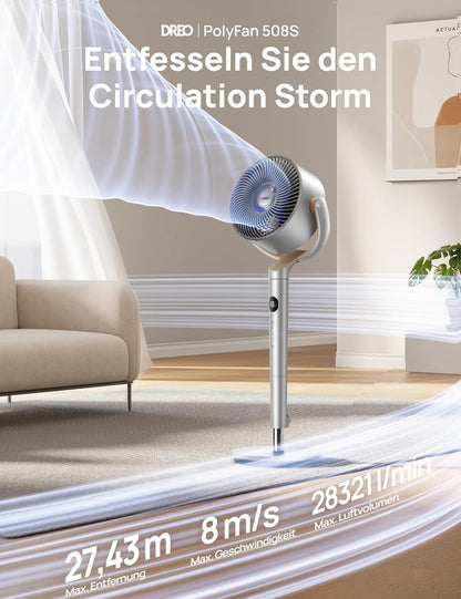 2026 Dreo Smart Standventilator mit RGB Light, 120° +120° Oszillierender Ventilator mit Fernbedienung, 20dB Leiser Bodenventilator für Schlafzimmer, 8H Timer, Silber