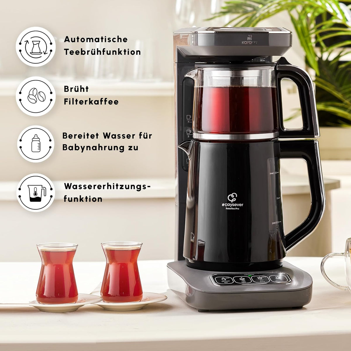 2026 Karaca Caysever Robotea Pro 4-in-1 Sprechender Automatischer Teekocher & Caydanlik, Filterkaffeemaschine, Breiwassererwärmer und Wasserkocher Teemaschine, 2500W, Space Gray Türkische Teekanne