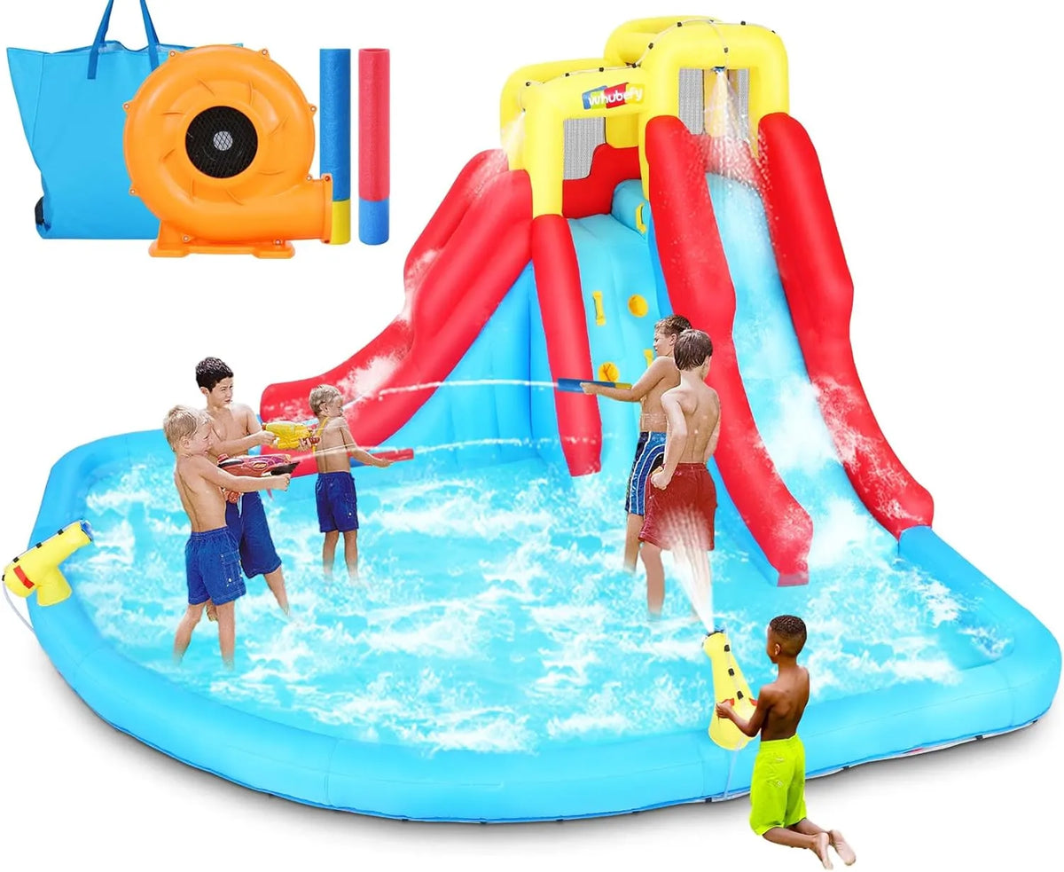 2026 Aufblasbare Wasserrutschen für Kinder, 8-in-1-Hüpfburg-Wasserpark mit 450-W-Gebläse, Kletterwand, Planschbecken, 2 Wasserkanonen, Basketballkorb, Wasserrutsche, Krokodilsprinkler als Geschenk für eine Gartenparty
