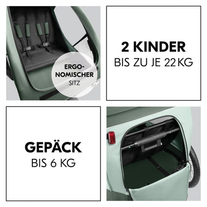 2026 hauck Fahrradanhänger & Kinderwagen Dryk Duo Plus mit Federung, für 2 Kinder (6-48 Monate), inkl. Deichsel, Buggyrad, Fahne und LED Licht, Faltbar, Höhenverstellbar, XL Kofferaum (Dark Green)