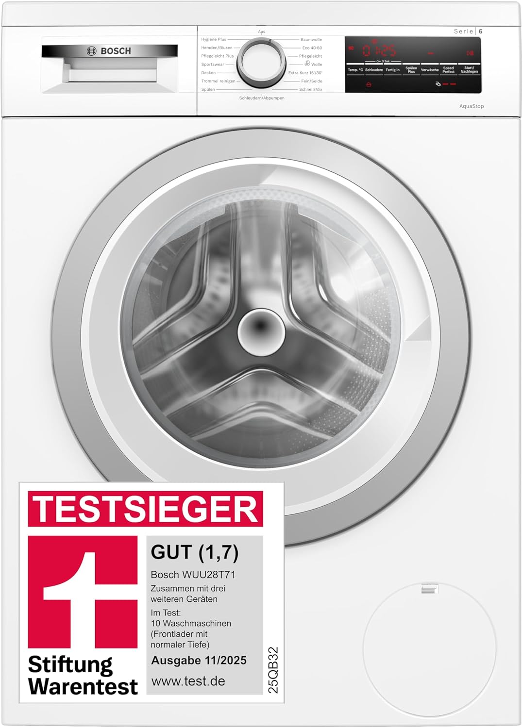 2026 Bosch WUU28T71, Stiftung Warentest Testsieger*, Serie 6 Waschmaschine 8 kg, Unterbaufähig, 1400 UpM, Beladungserkennung, Hygiene Plus, Nachlegefunktion, Frontlader, LED Display, Schontrommel, AquaStop