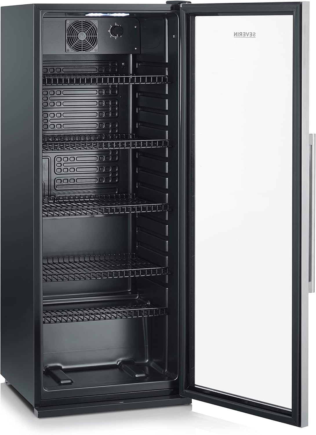 2026 SEVERIN Flaschenkühlschrank, mit integriertem Schloss und integrierter LED-Beleuchtung, 118 L Nutzinhalt, schwarz/silber, FSK 8840