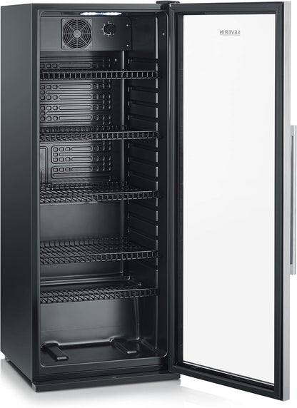 2026 SEVERIN Flaschenkühlschrank, mit integriertem Schloss und integrierter LED-Beleuchtung, 118 L Nutzinhalt, schwarz/silber, FSK 8840