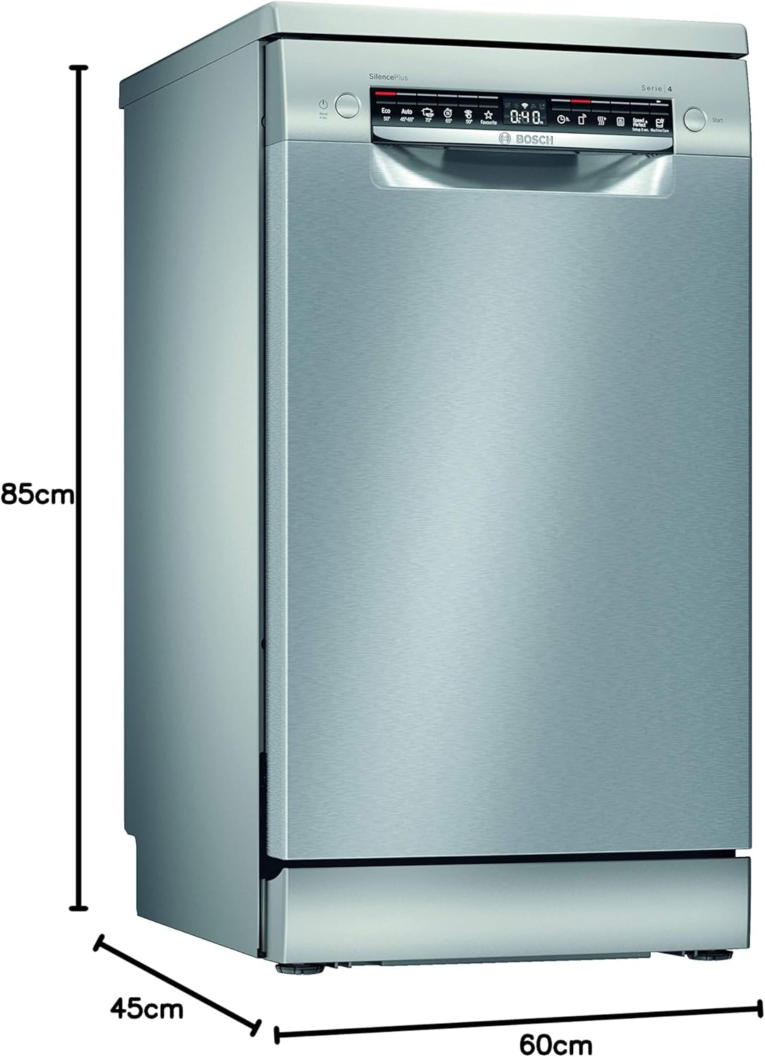 2026 Bosch SPS4HMI61E Serie 4 Freistehender Geschirrspüler / E / 45 cm / Edelstahl / 76 kWh/100 Zyklen / 10 MGD / SuperSilence / Extra Trocknen / VarioSchublade / Home Connect