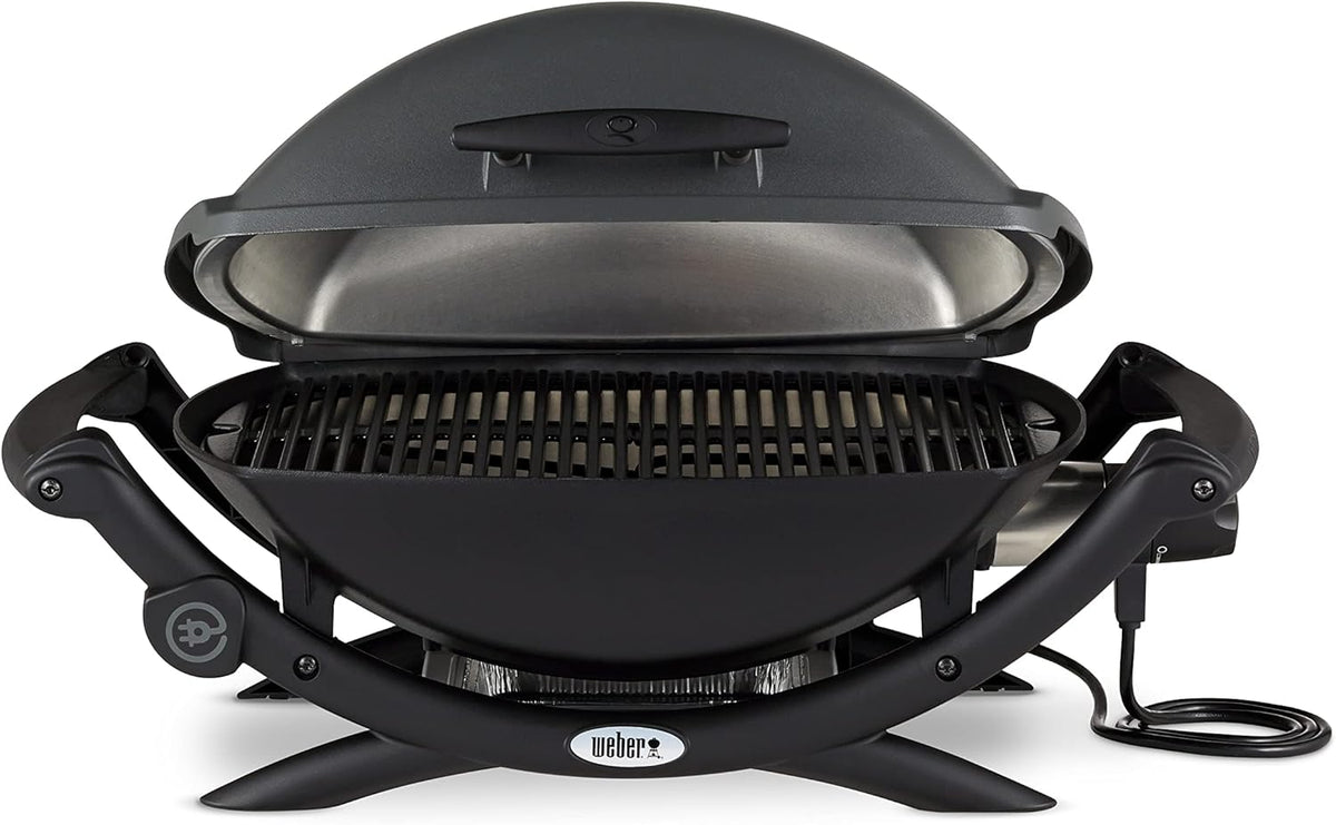 2026 Weber Q2400 Elekrogrill mit Seitentischen, 54 x 39cm Grillfäche, portable, 2-geteilter porzellanemaillierter Guss-Grillrost, Aluminiumguss Deckel & Gehäuse - Dark Grey (55020079)